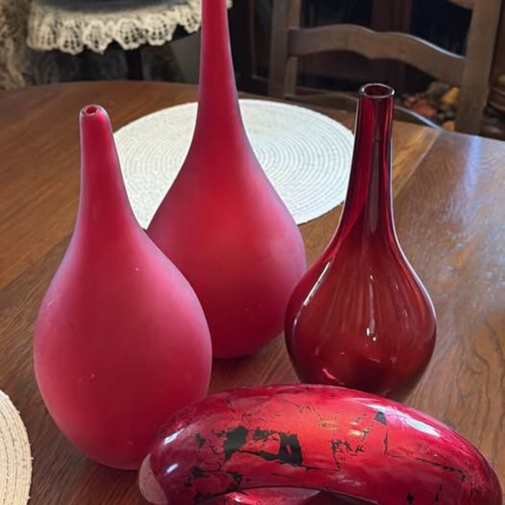 Red Glass Vase and Decor Set - 4 Pieces